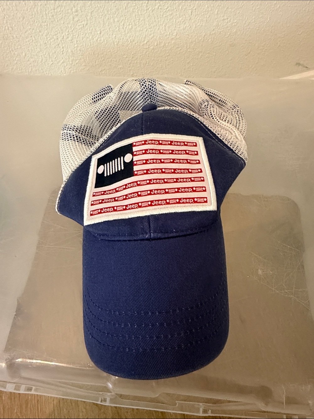 Jeep Navy Blue and White Mesh Trucker Hat with Flag Patch